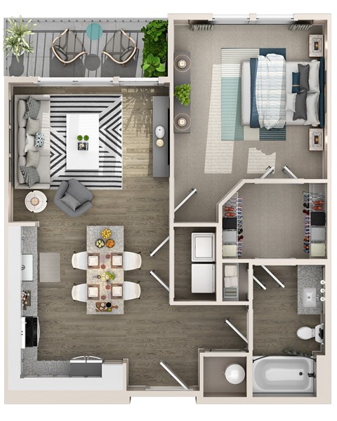 Floor plan for 1 bed, 1 bath, 738 sqft